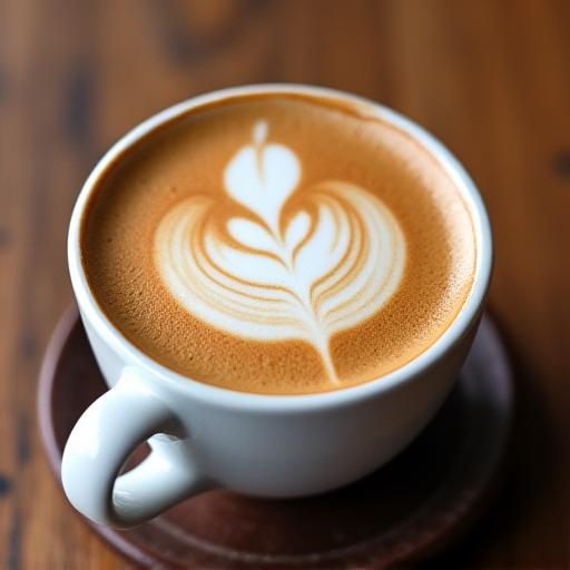 Café cortado servido en taza de porcelana con diseño de rosetta